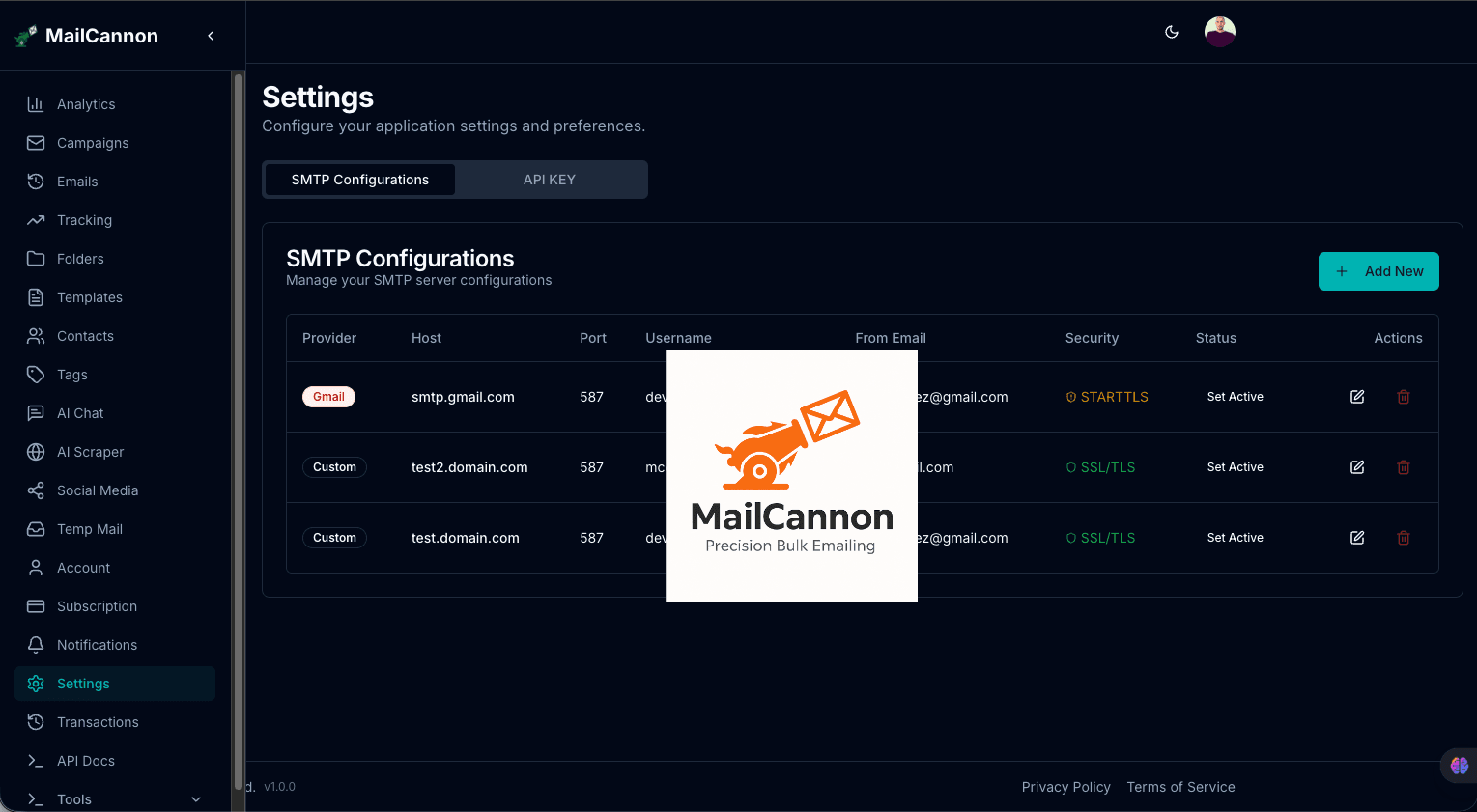 MailCannon dashboard SMTP Configurations page listing Gmail and custom SMTP servers with port and TLS settings