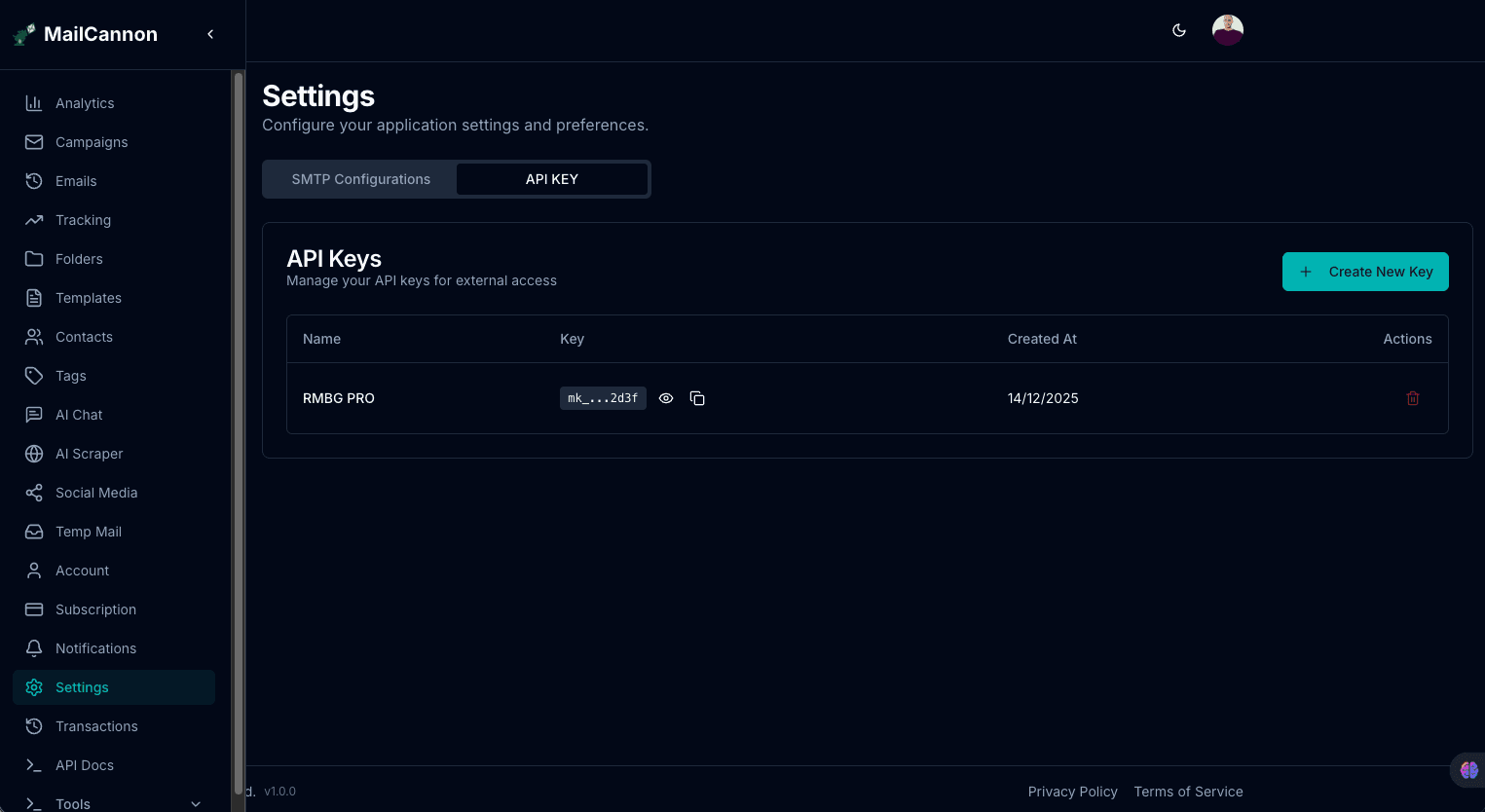 MailCannon dashboard API KEY tab used to create and manage API keys
