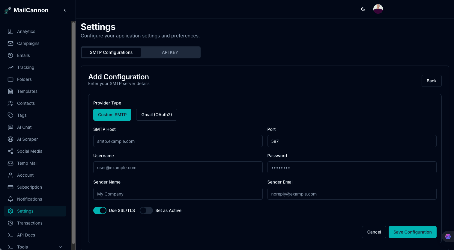 MailCannon Add Configuration form with custom SMTP host, port, username, password, and SSL/TLS options