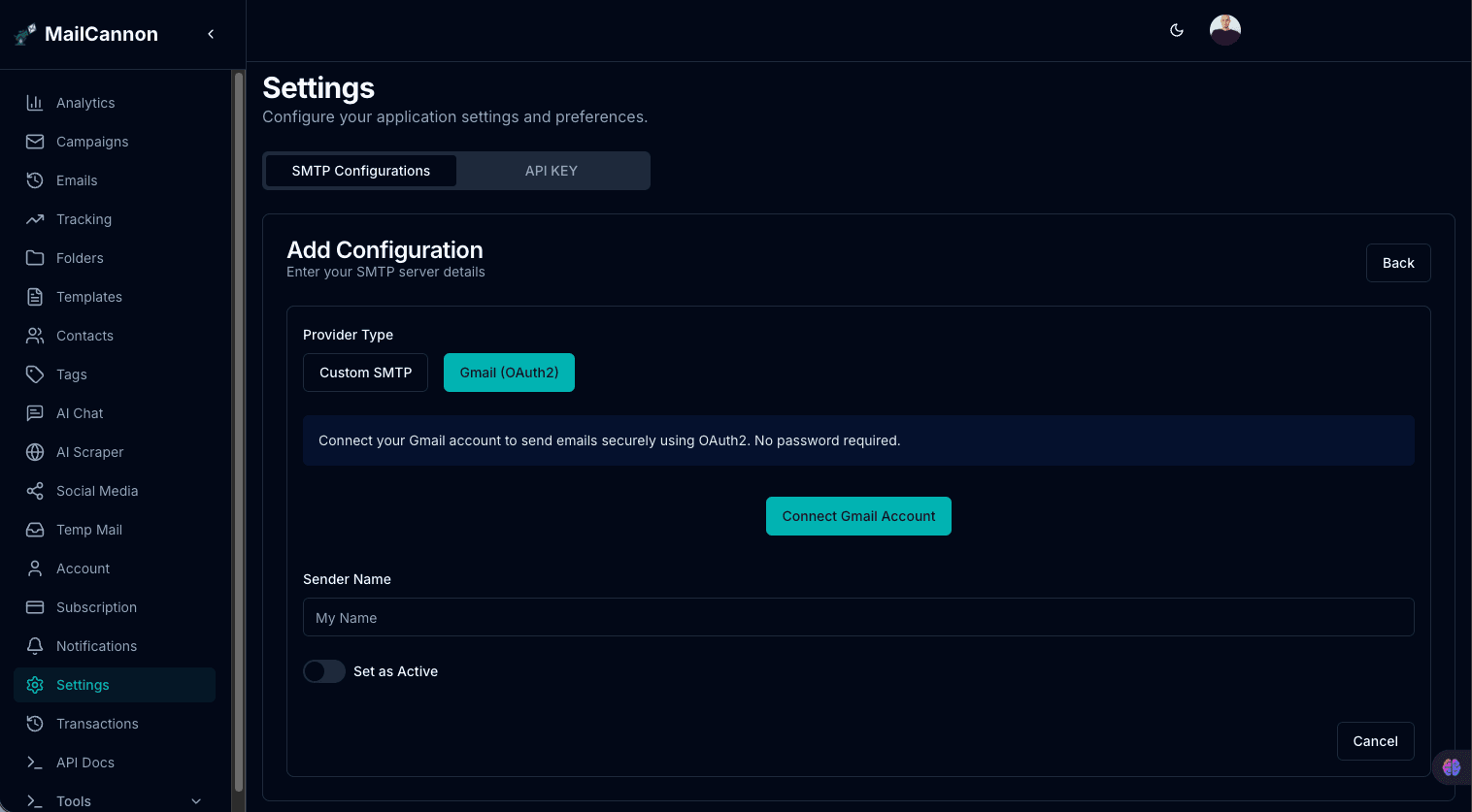 MailCannon Add Configuration form with the Gmail OAuth 2 provider selected and a Connect Gmail Account button