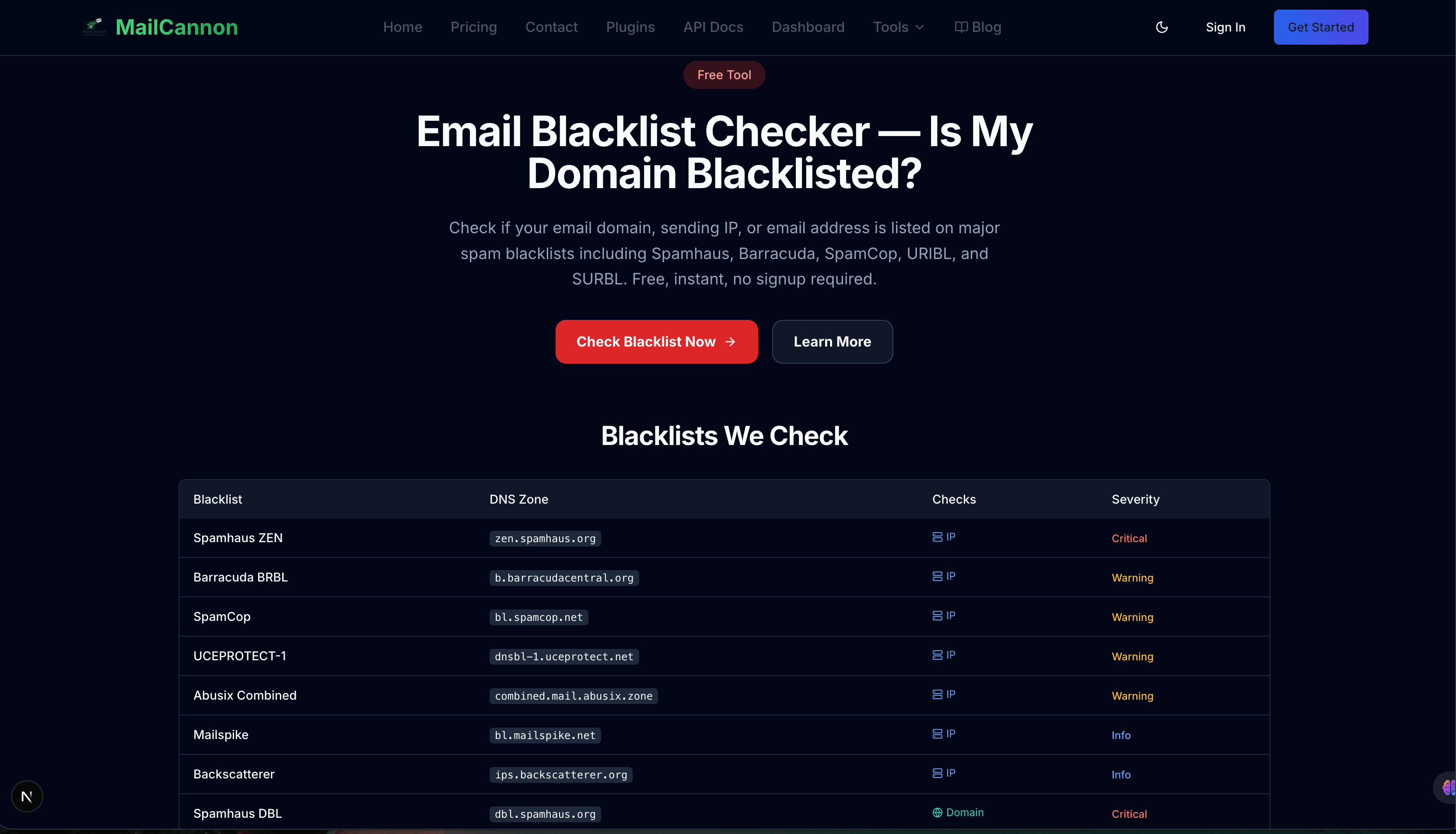Comprobador de lista negra de email MailCannon - herramienta gratuita de busqueda DNSBL