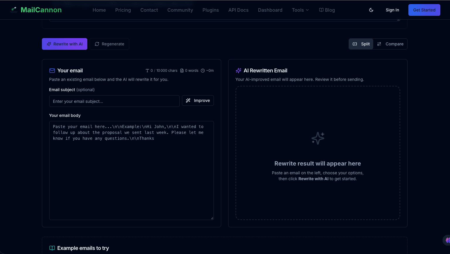 Rewritten email shown next to the original draft in the MailCannon AI Email Rewriter