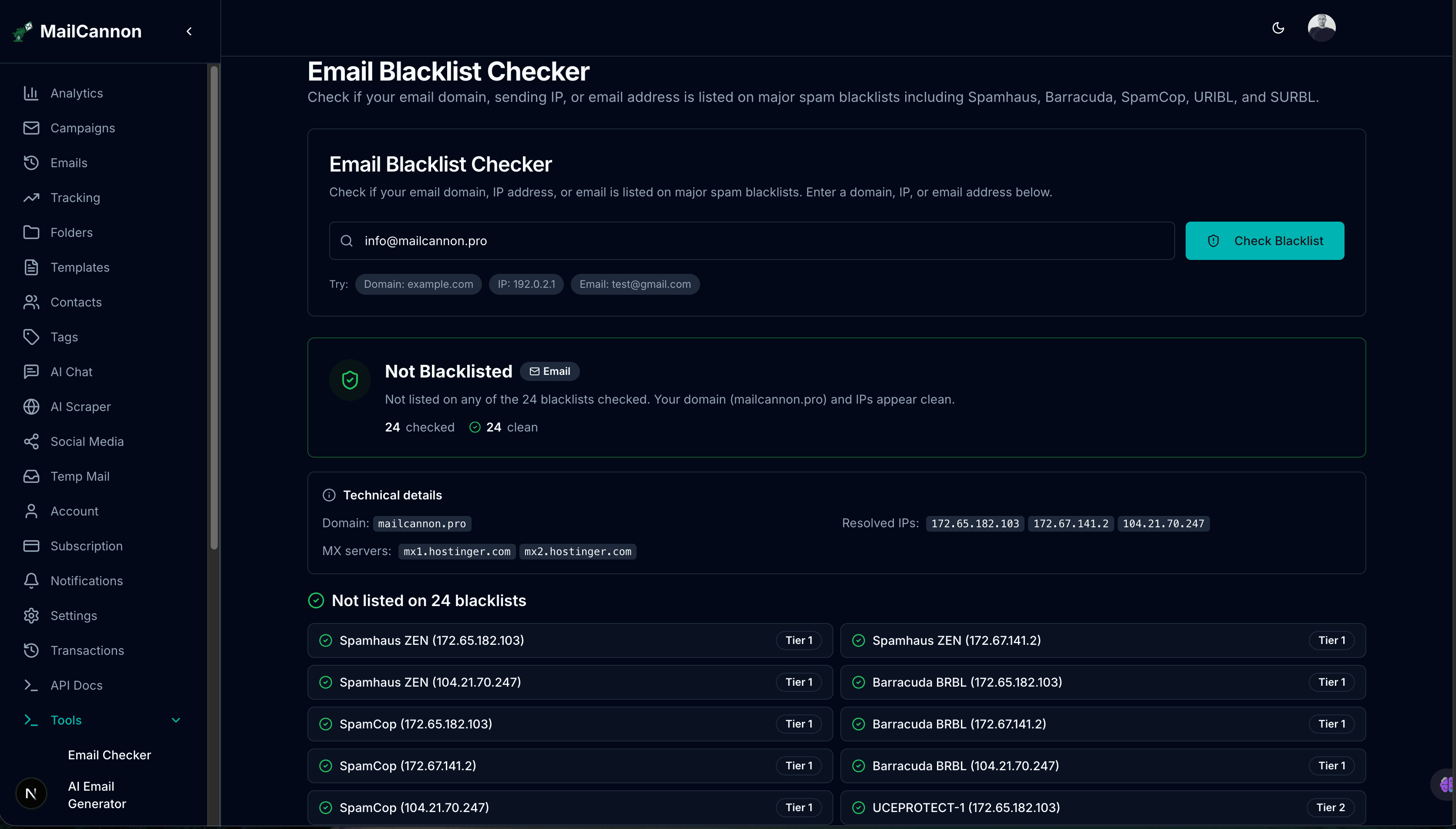 Comprobador de lista negra de email MailCannon - herramienta gratuita de busqueda DNSBL para dominios e IPs
