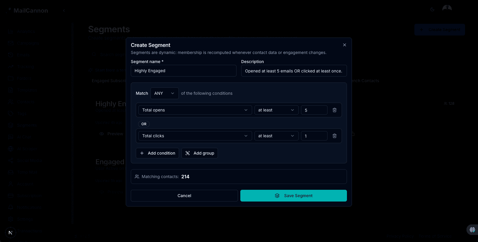 Creating an engaged subscribers segment from a template in the MailCannon segments dashboard