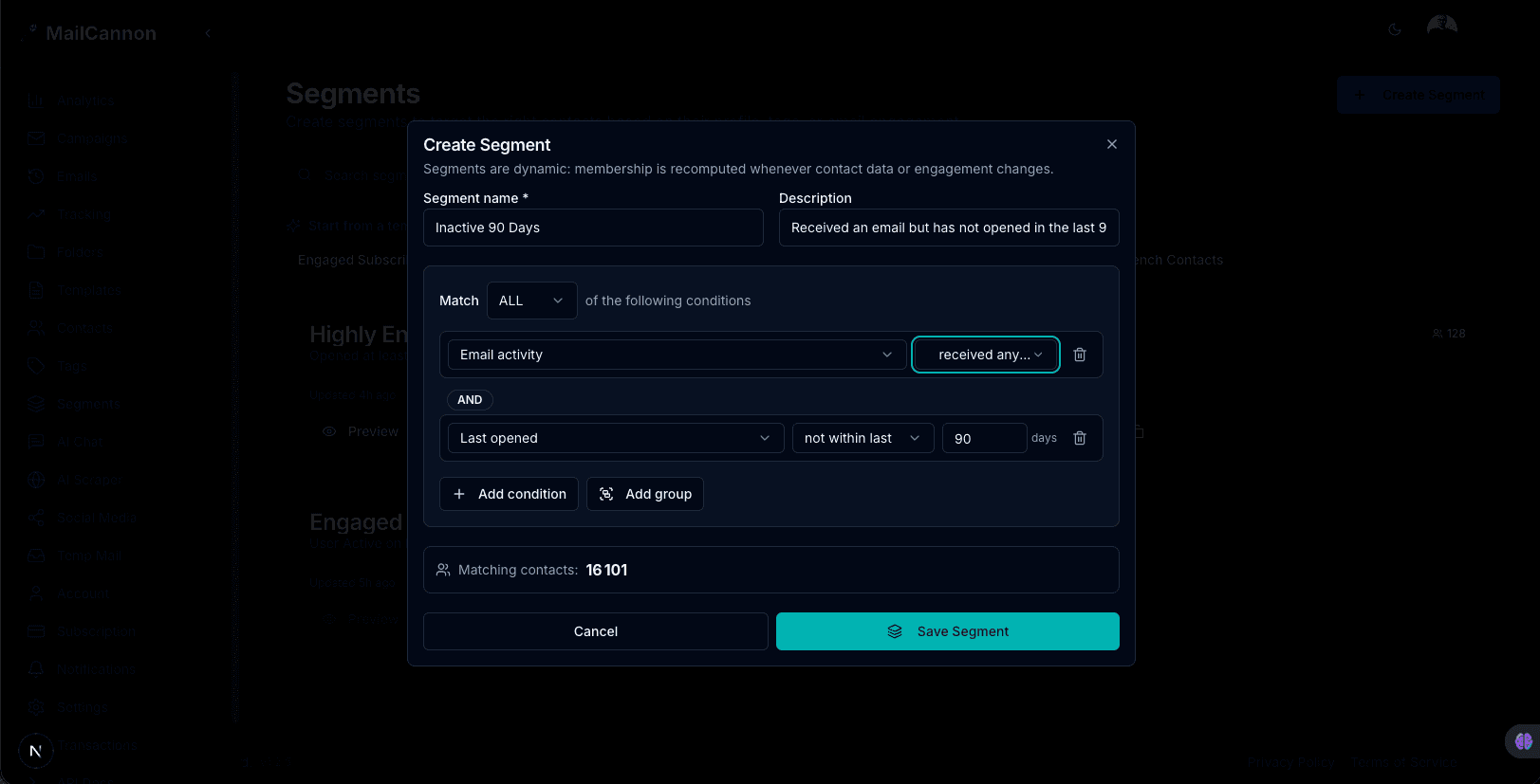 Creating an inactive subscribers segment from a template in the MailCannon segments dashboard