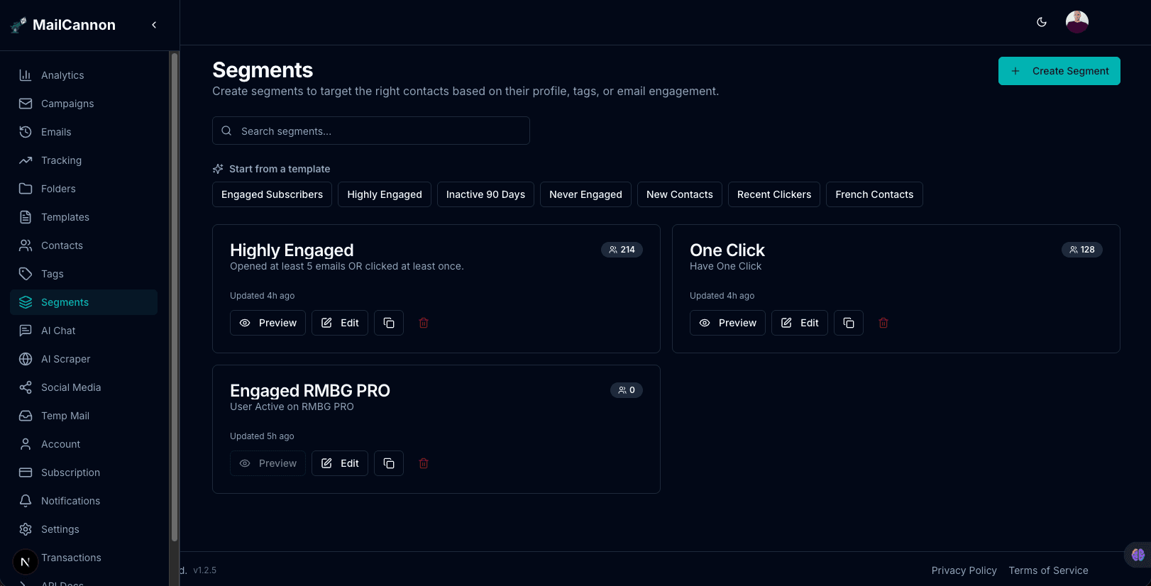 Segments list in the MailCannon segments dashboard showing saved segments and contact counts