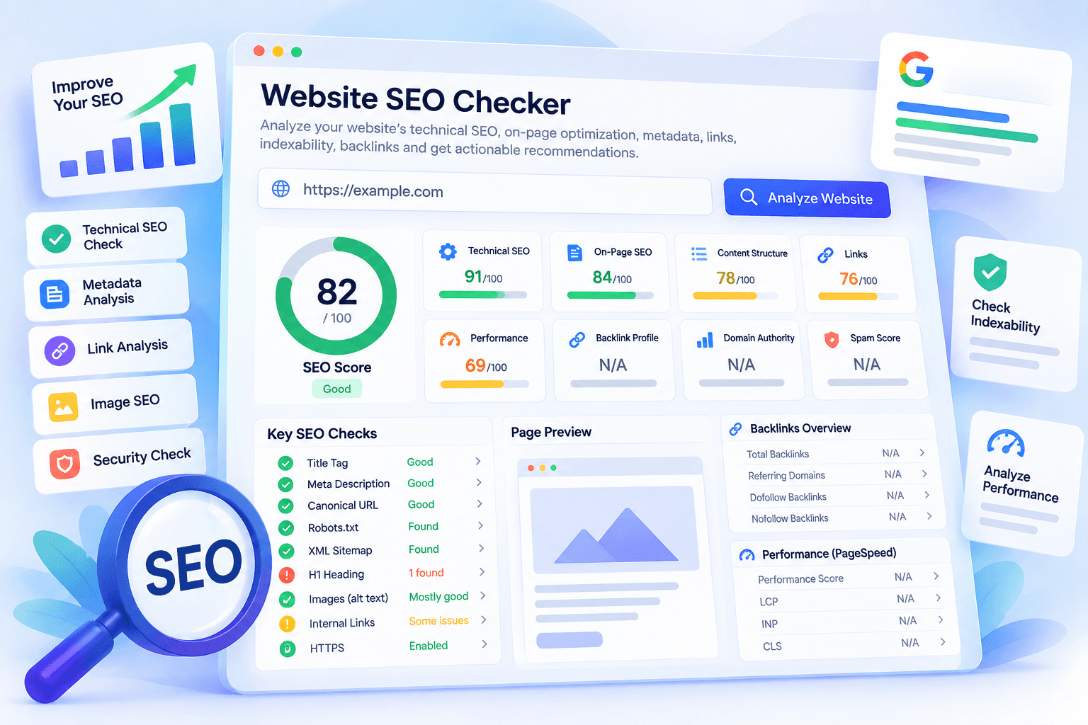فاحص SEO من MailCannon يعرض نتائج SEO التقني وSEO داخل الصفحة والروابط وتدقيق الموقع