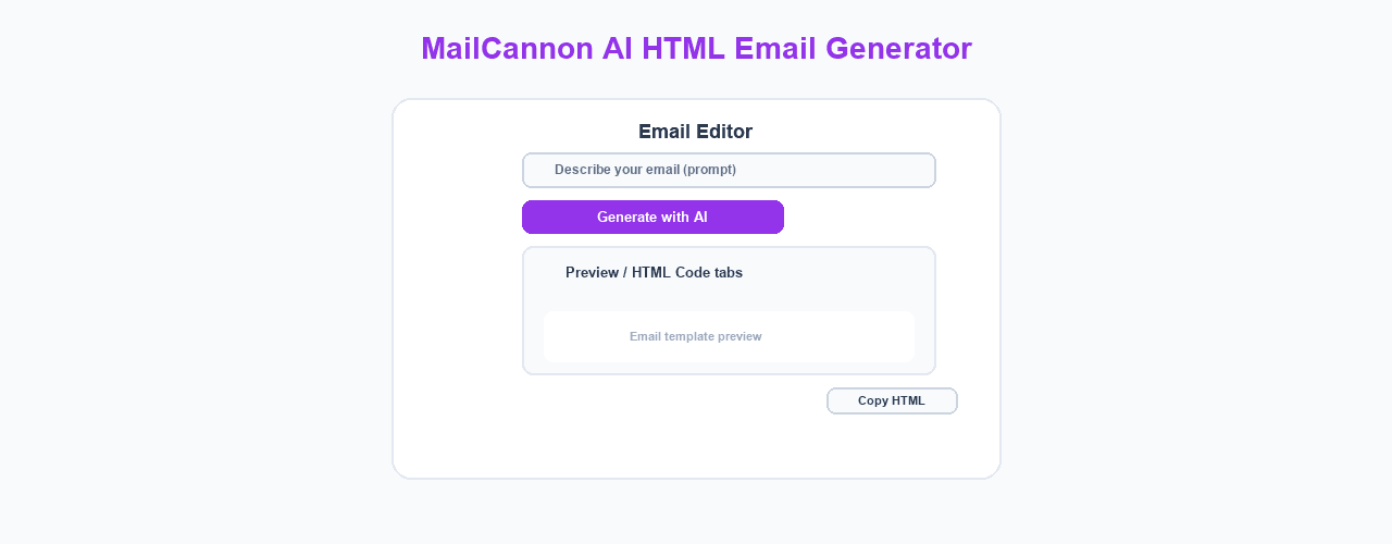 The MailCannon AI HTML email generator showing an email editor with a generate button and preview