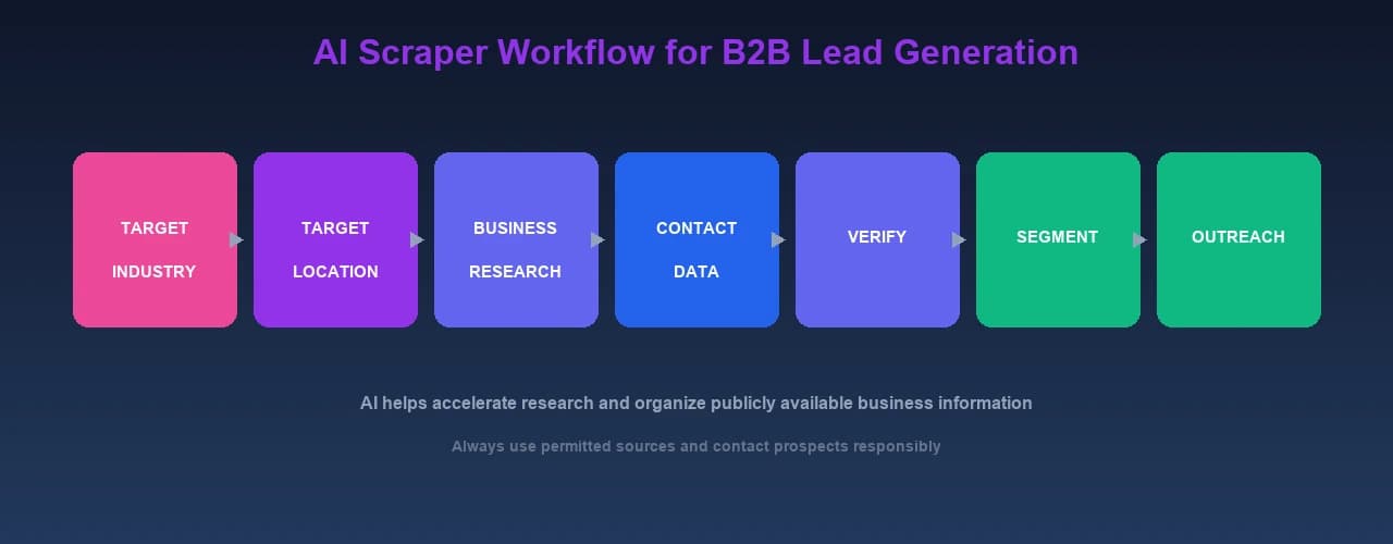 AI scraper workflow for B2B lead generation from target industry and location to business research, contact data, verification, segmentation, and outreach