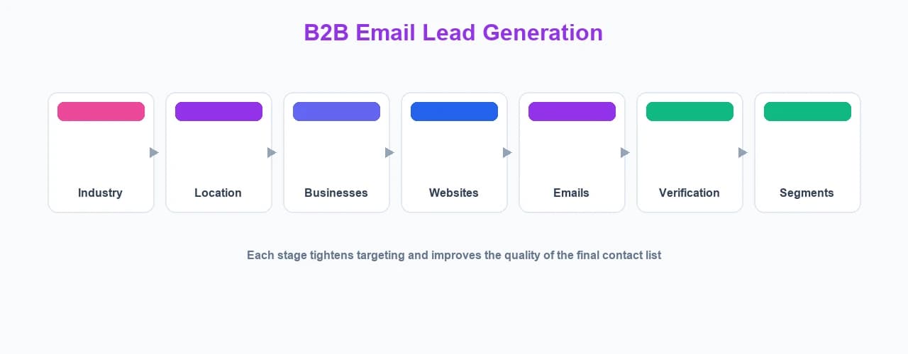 B2B email lead generation workflow from industry and location to businesses, websites, emails, verification, and segments