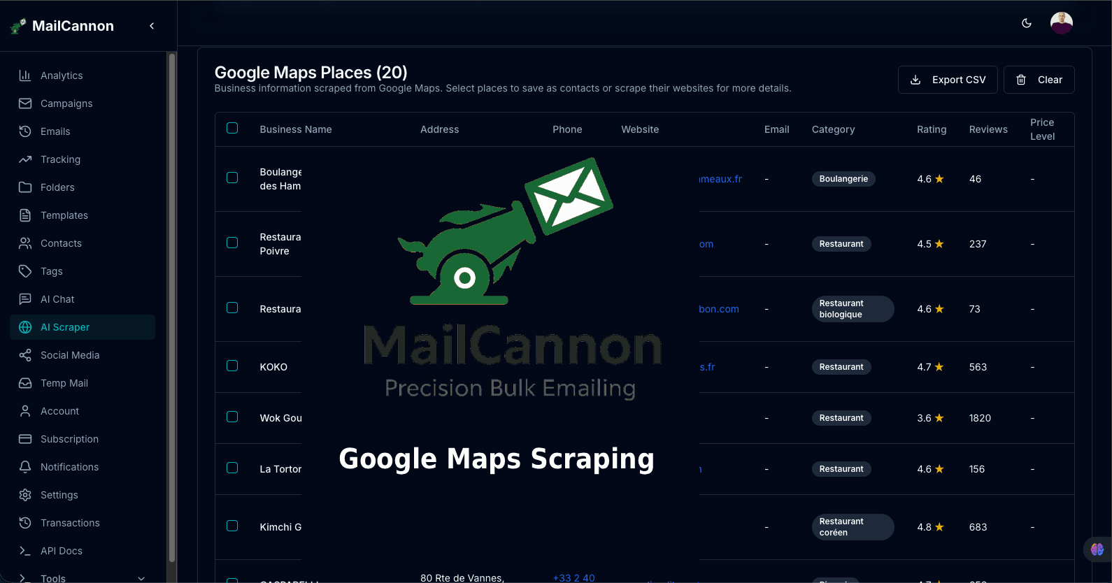 The MailCannon AI Scraper Google Maps research mode for identifying businesses by category and location