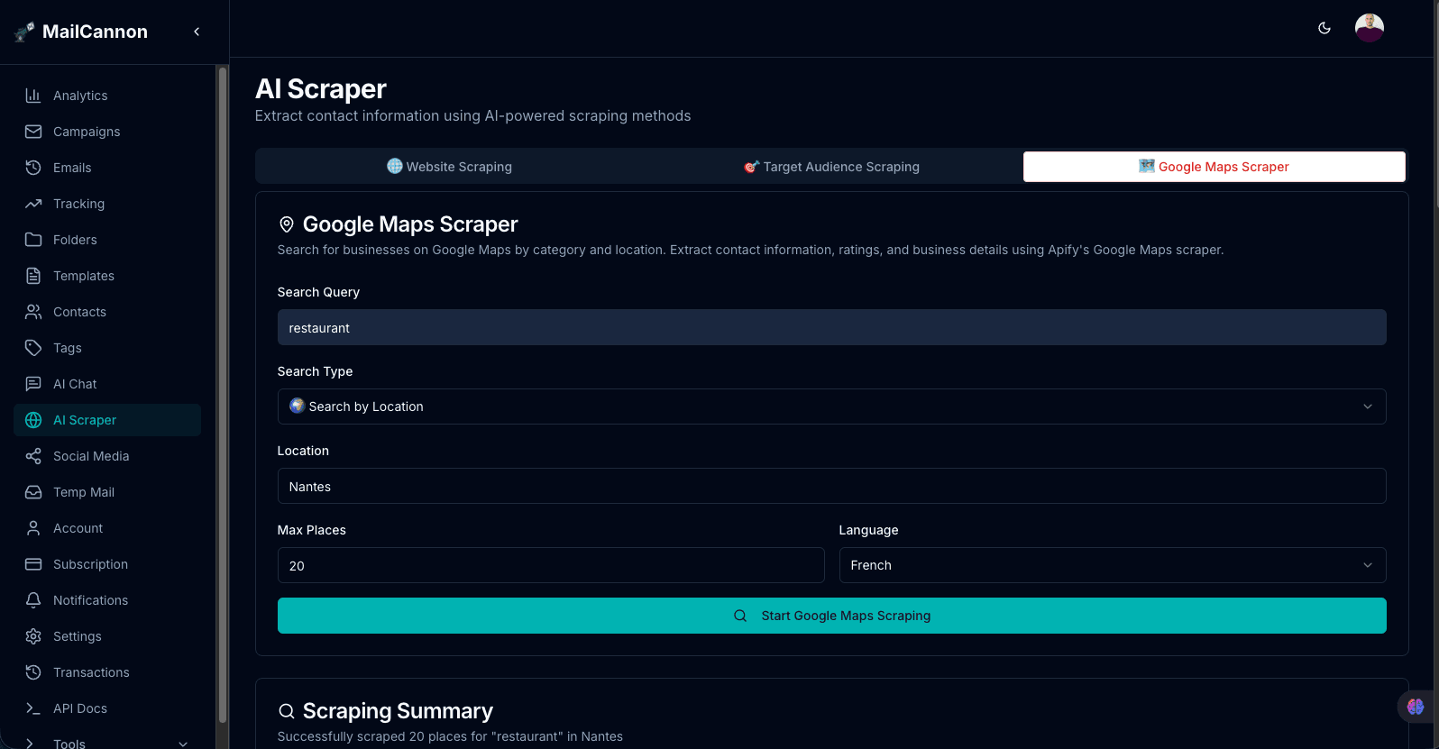 The MailCannon AI Scraper interface for researching and collecting publicly available business contacts