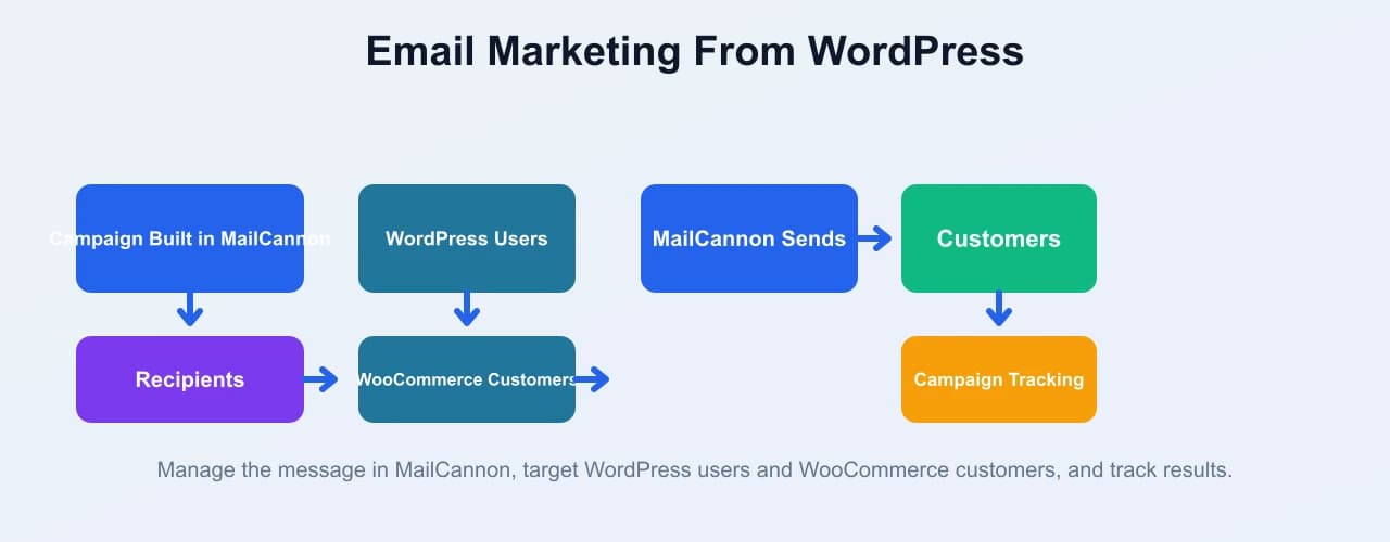 Email marketing workflow from WordPress showing campaigns sent to WordPress users and WooCommerce customers through MailCannon