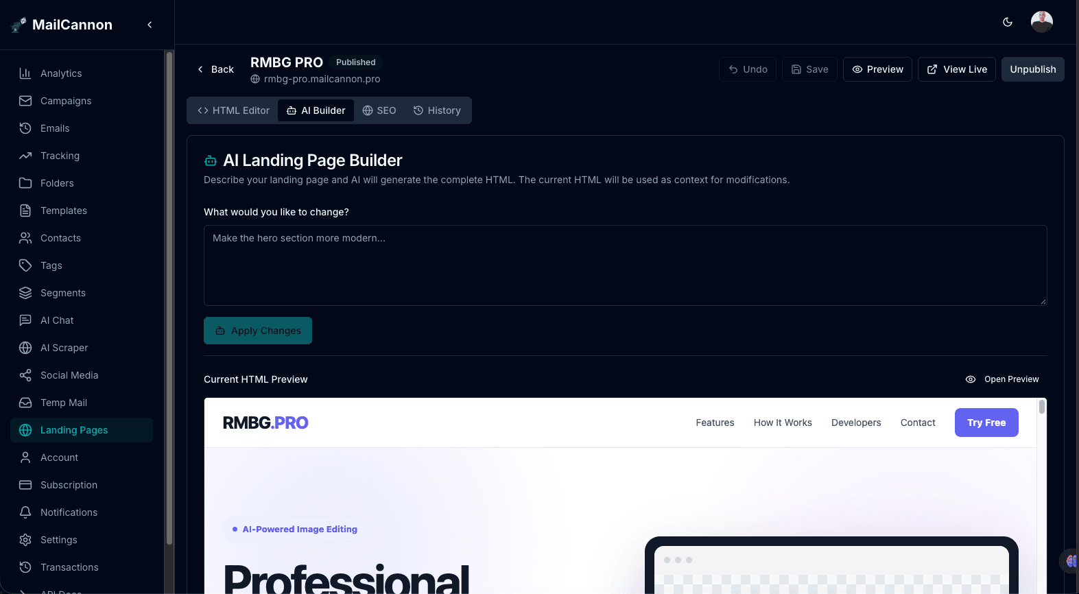 MailCannon AI landing page builder interface