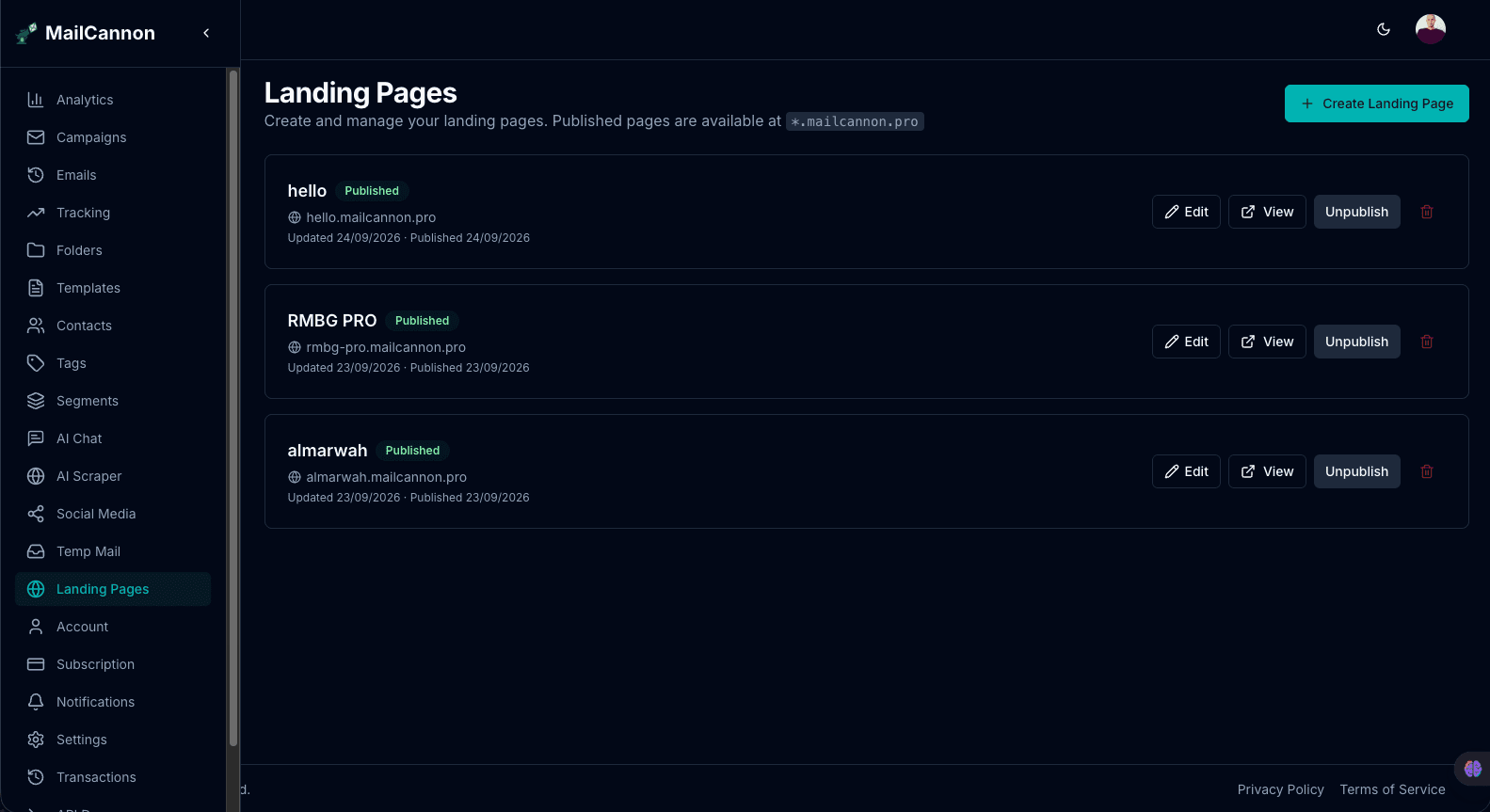 MailCannon landing page published on a subdomain