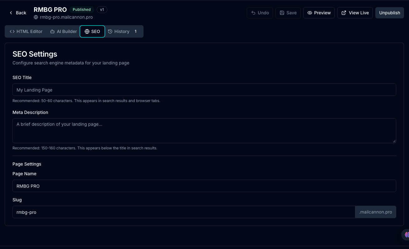 MailCannon landing page SEO settings