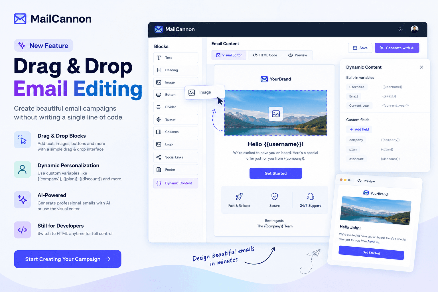 Drag-and-drop editor with dynamic content variables for personalized email promotion