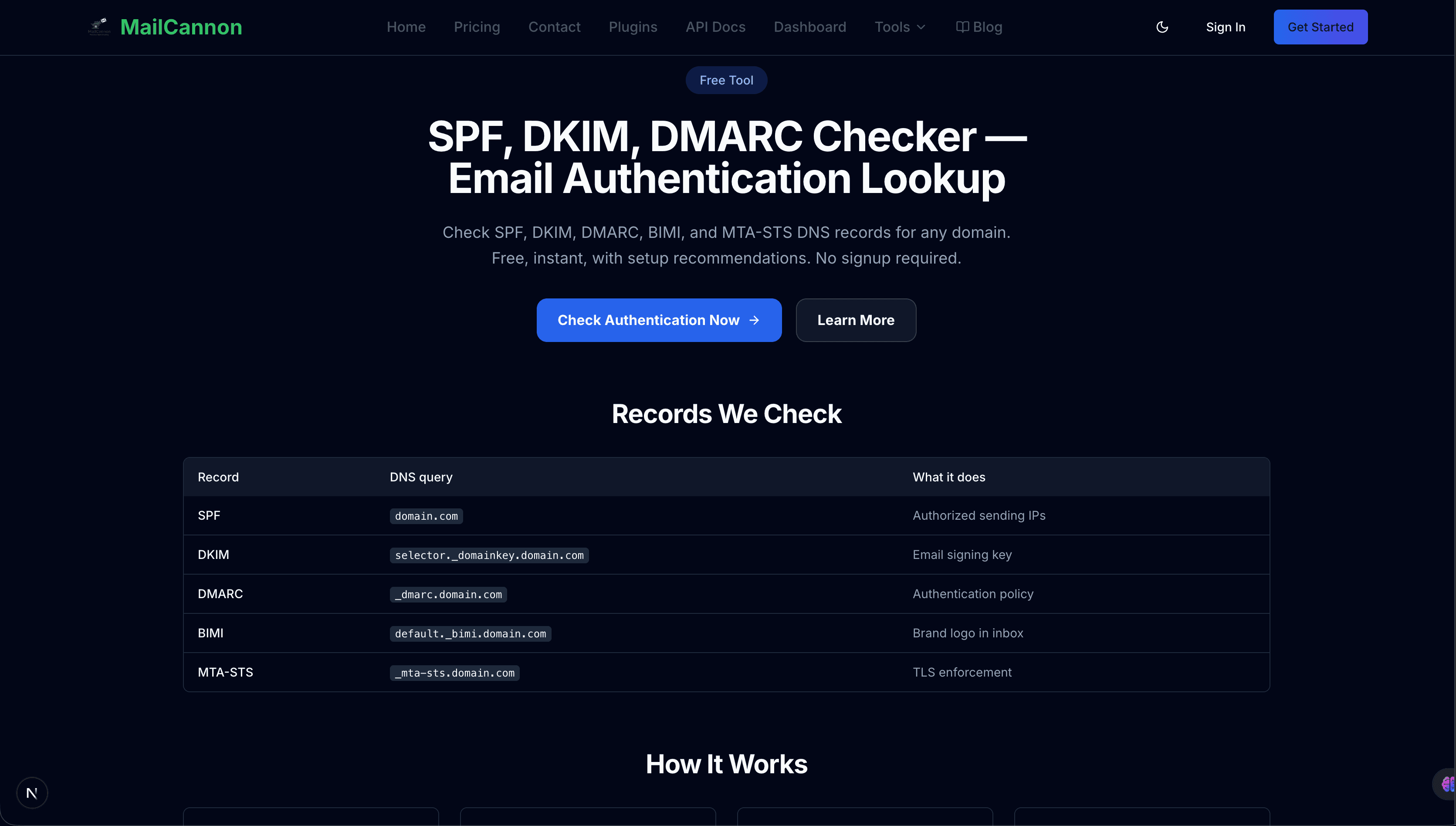 مدقق مصادقة البريد الإلكتروني من MailCannon مجاني - تحقق من SPF DKIM DMARC BIMI MTA-STS فوراً