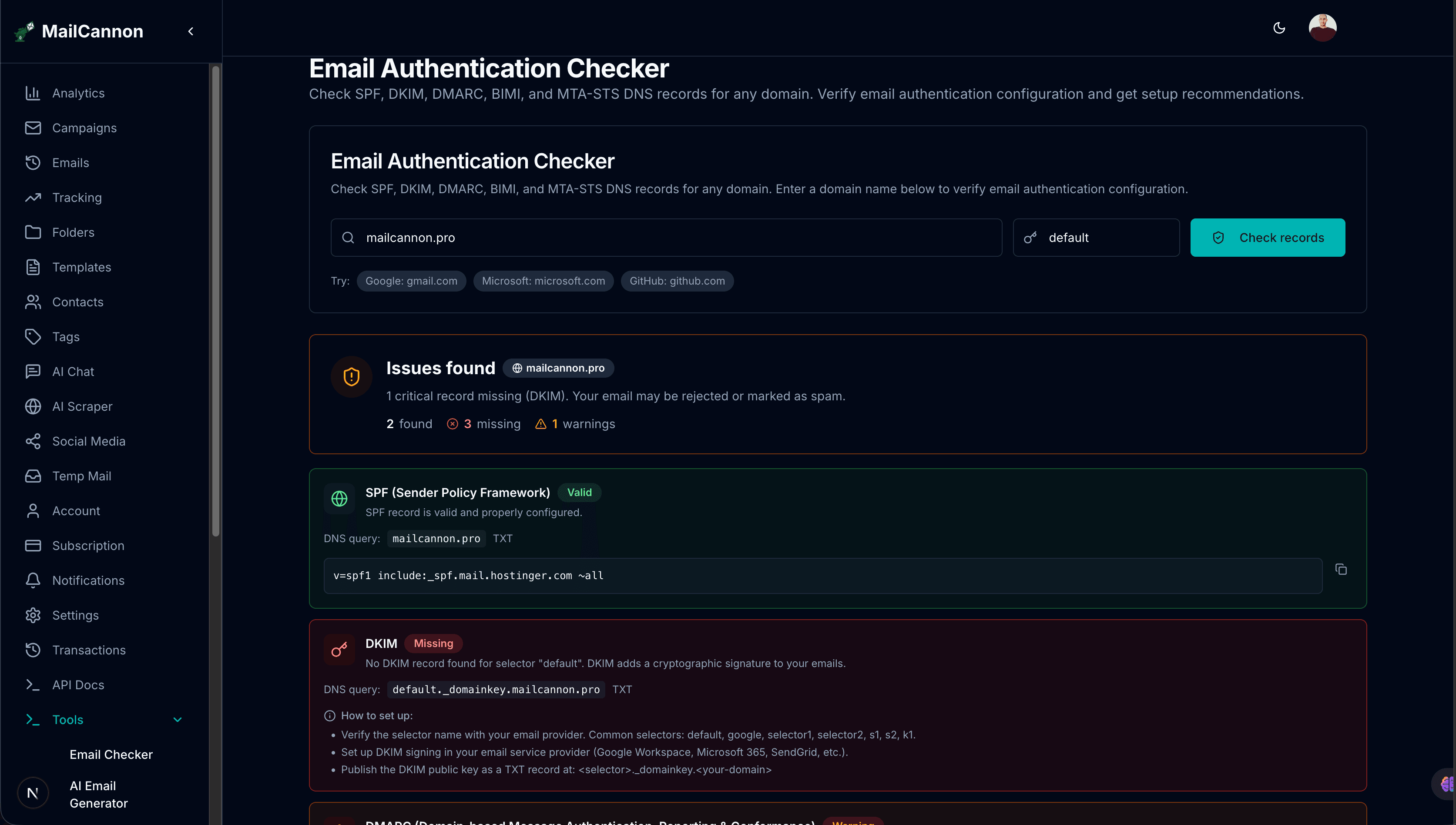 مدقق مصادقة البريد الإلكتروني من MailCannon - أداة مجانية للتحقق من SPF DKIM DMARC BIMI MTA-STS