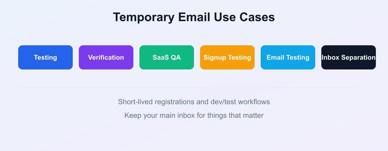 Common temporary email use cases including testing, verification, SaaS QA, signup testing, email testing, and inbox separation