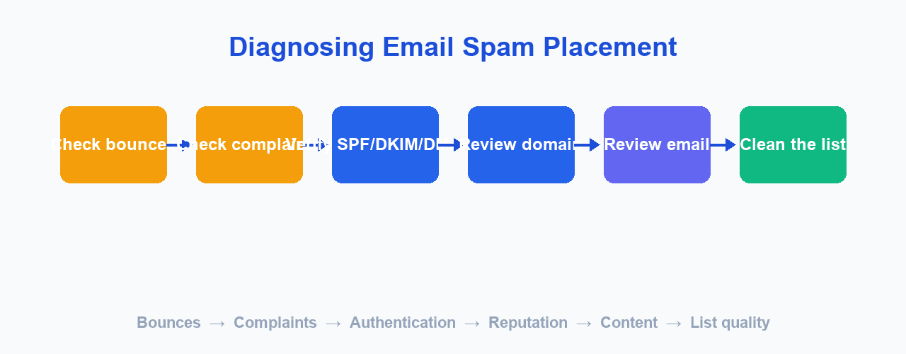Diagnostic workflow for email spam placement from bounces and complaints to authentication, domain, content, and list quality